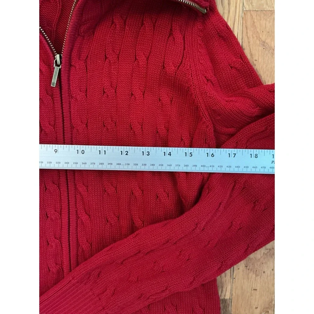 Lauren Ralph Lauren Sweater Womens L Red Cable Full Zip Brass Buckles Pockets